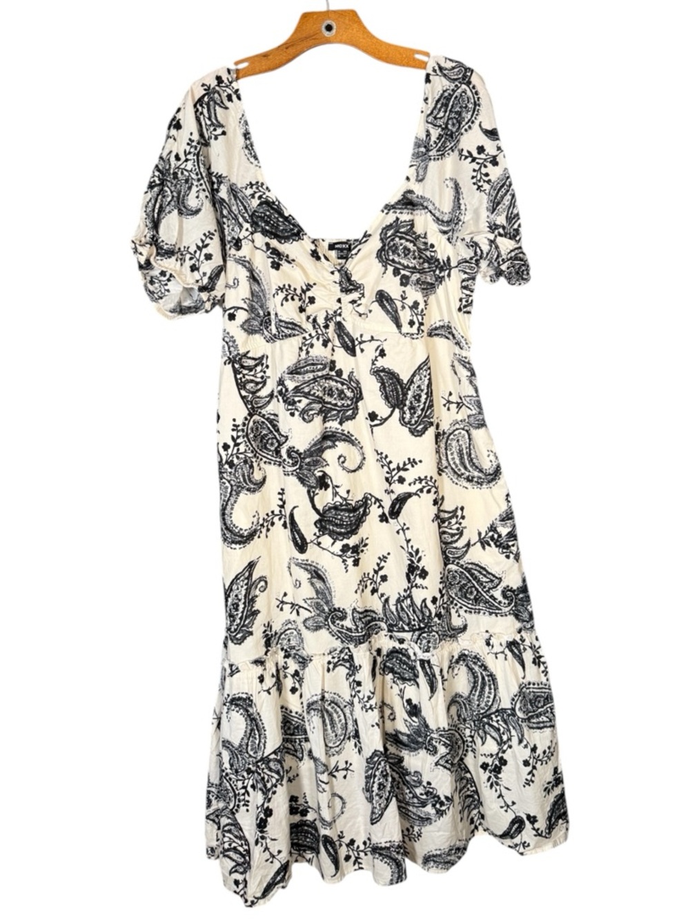 Mexx 100% Cotton Cream Black Paisley Midi Dress Puff Sleeve Cottagecore XXL